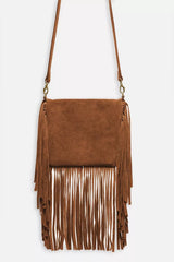 COGNAC ITALIAN SUEDE FOLDOVER FRINGE CROSSBODY