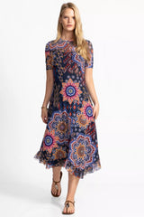 MESH ELBOW SLEEVE ASYMMETRIC HEM DRESS