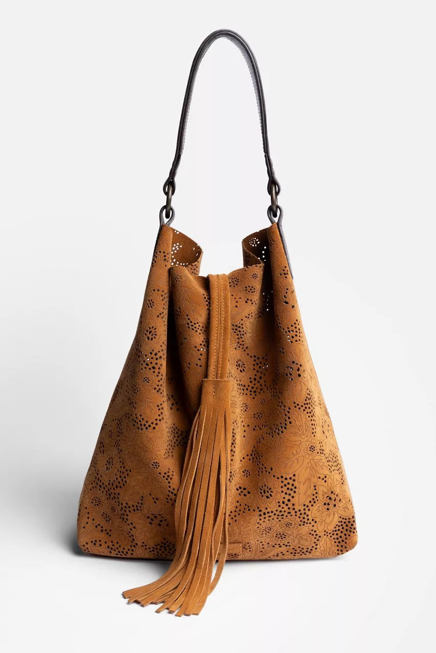 FLORAL ITALIAN PERFORATED SUEDE SLOUCH BAG