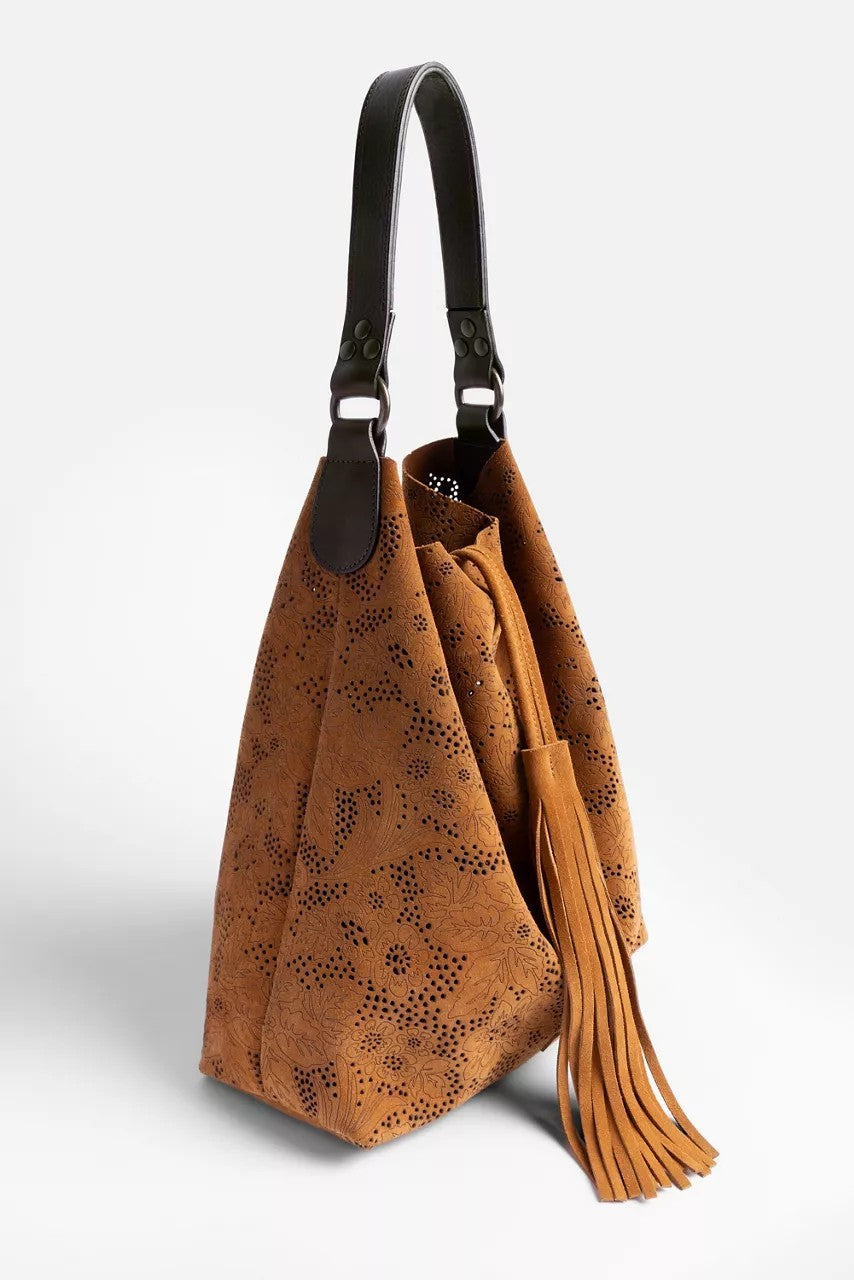 FLORAL ITALIAN PERFORATED SUEDE SLOUCH BAG