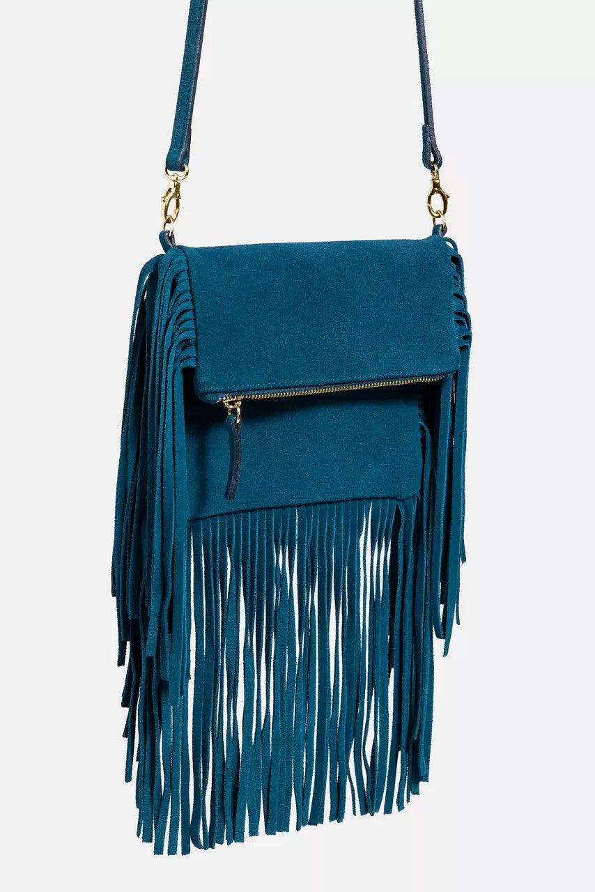 TEAL ITALIAN SUEDE FOLDOVER FRINGE CROSSBODY