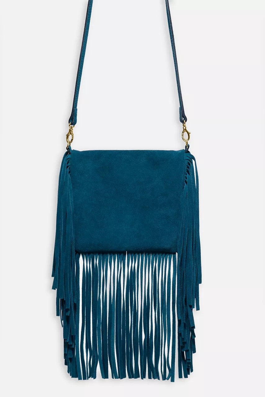 TEAL ITALIAN SUEDE FOLDOVER FRINGE CROSSBODY