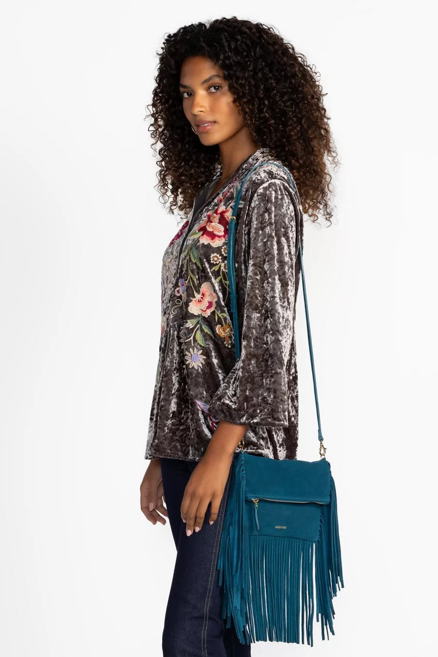 TEAL ITALIAN SUEDE FOLDOVER FRINGE CROSSBODY