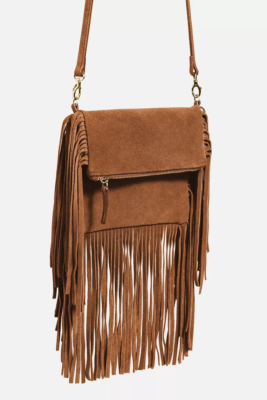 COGNAC ITALIAN SUEDE FOLDOVER FRINGE CROSSBODY