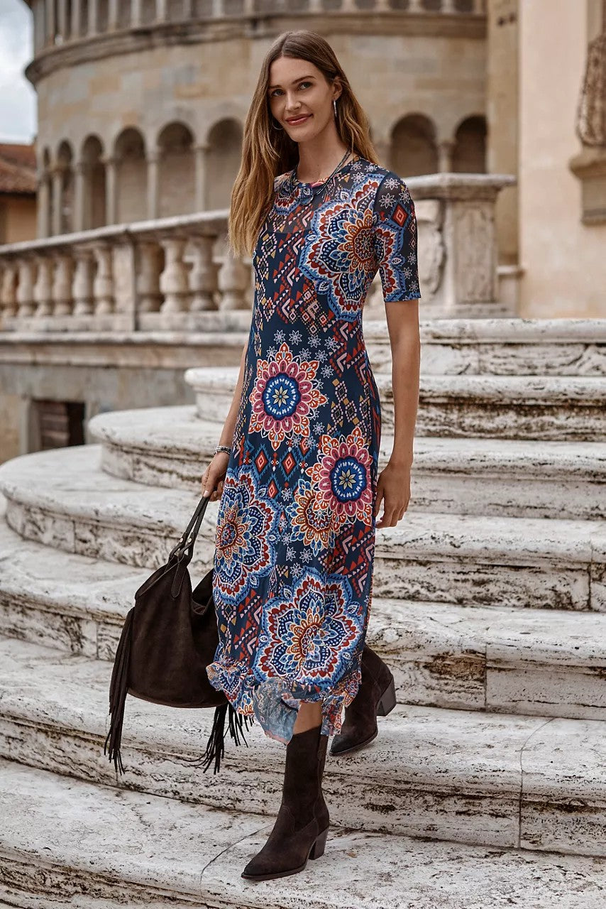 MESH ELBOW SLEEVE ASYMMETRIC HEM DRESS