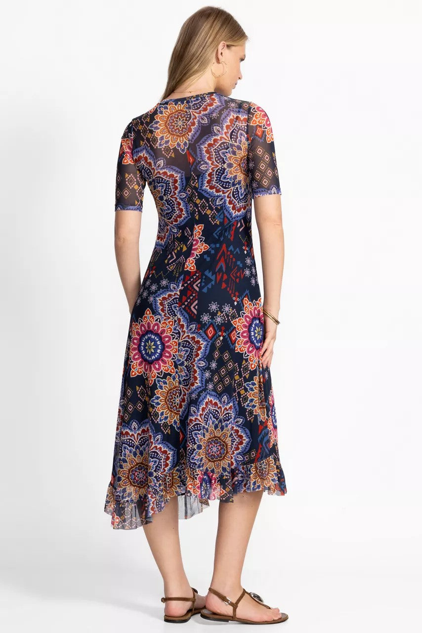 MESH ELBOW SLEEVE ASYMMETRIC HEM DRESS