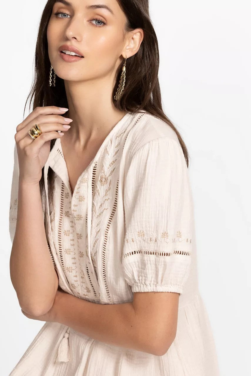 PUFF SLEEVE TIE NECK MIDI DRESS