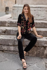 RUFFLE NECK VELVET SHIRT