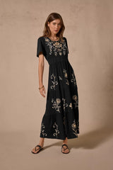 SMOCKED WAIST TIERED MAXI DRESS