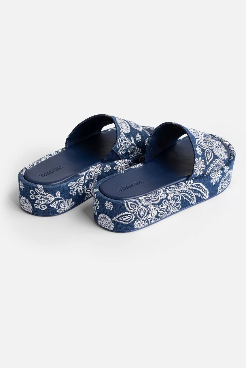 BANDANA EMBROIDERED DENIM PLATFORM SLIDE