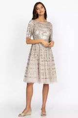 Champagne Beaded Mesh Dress